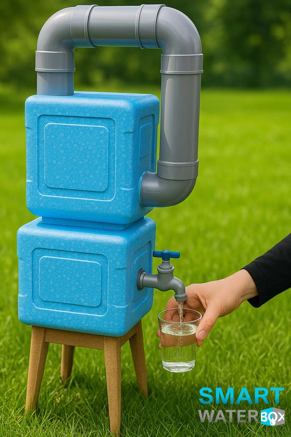 A finished DIY atmospheric water generator build with collection housing, PVC piping, and a spigot dispensing water